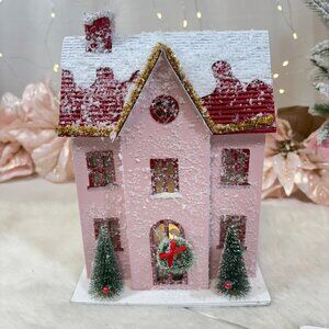 Nordic Christmas Holiday Snowy Pink Red Putz Led Light Up House Village New